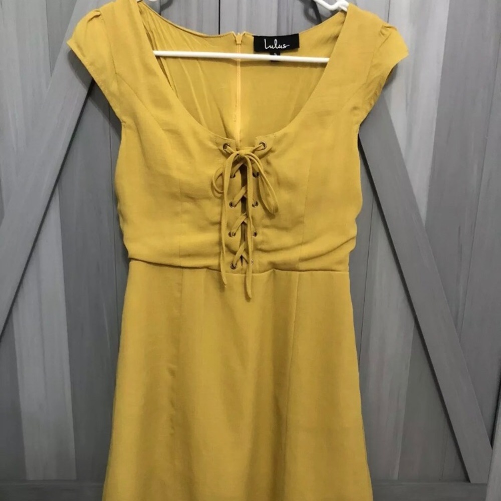 Lulus Mustard Lace Up Cap Sleeve Flare Dress Small